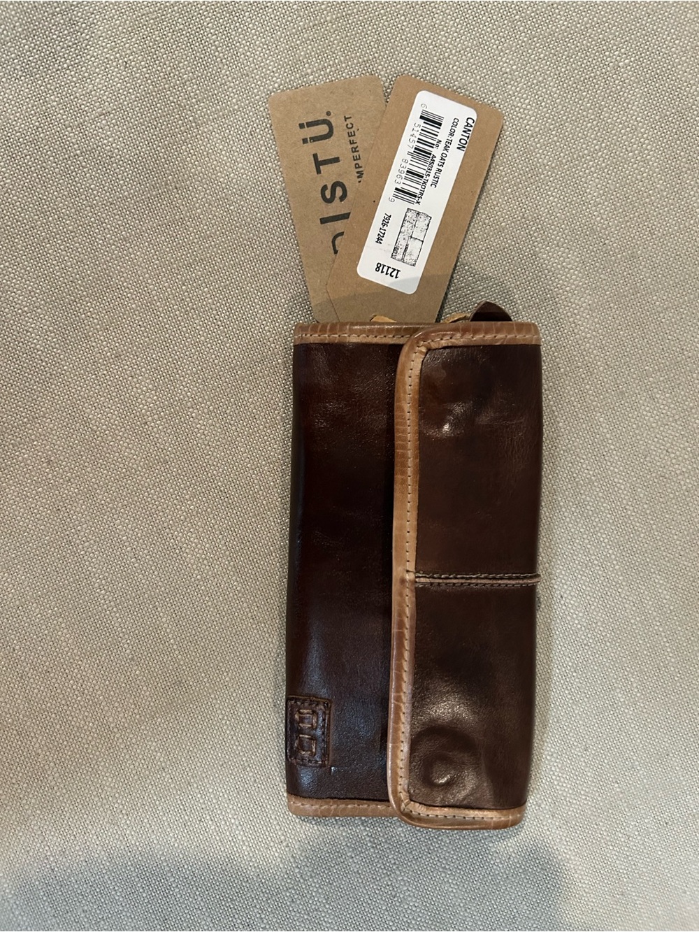 Bed Stu Canton Teak and Bone Dark Brown Leather Trifold Wallet with Tan Trim